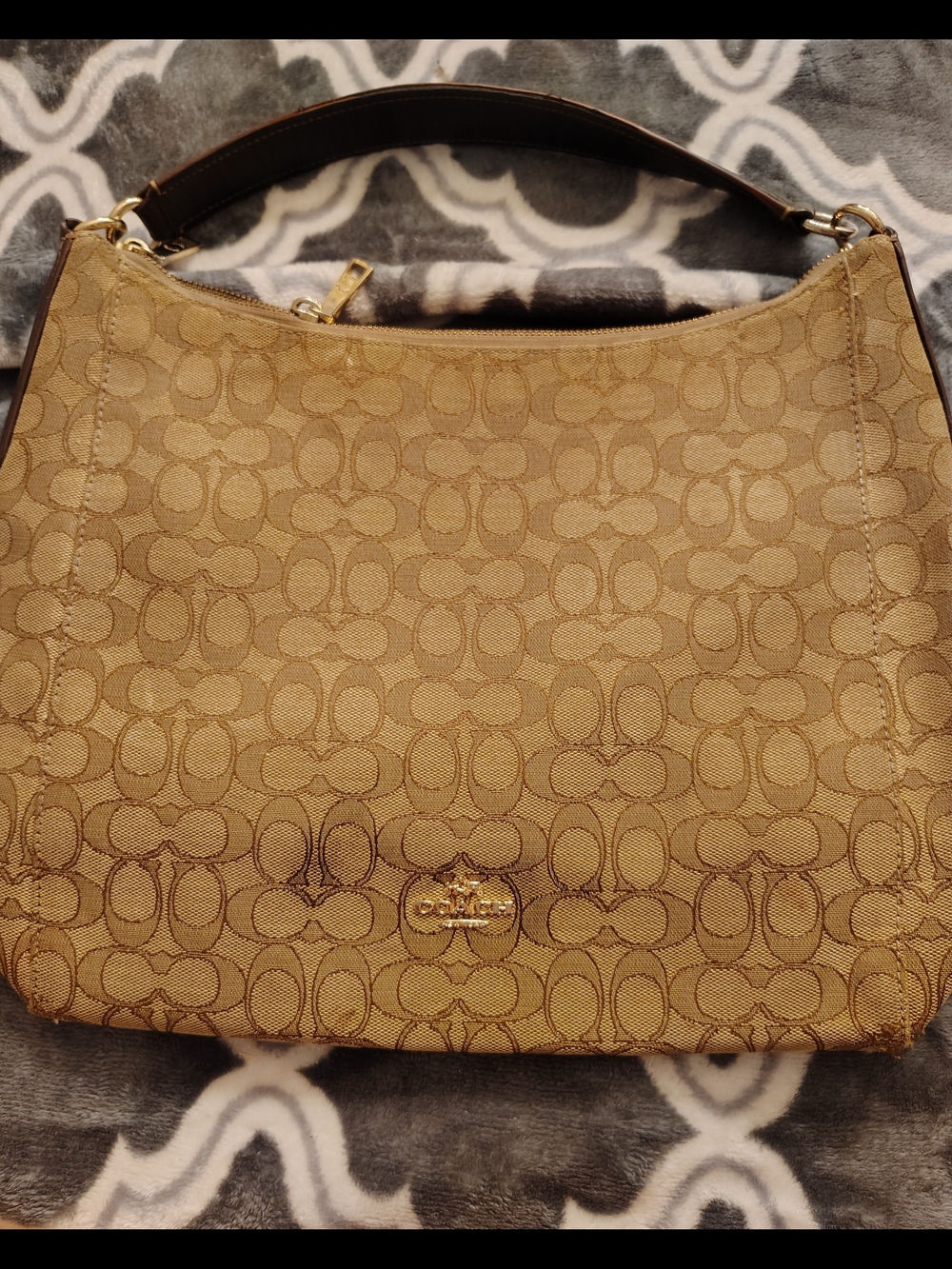Coach Khaki Signature Jacquard Shoulder Bag with Brown Trim